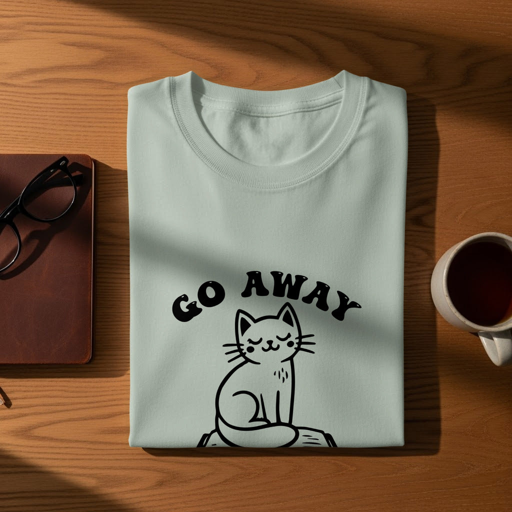 Light blue t-shirt with black graphic of a cat and "GO AWAY" text.
