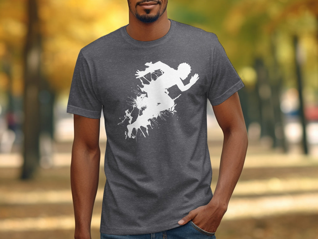 Dark gray t-shirt with white abstract runner graphic on the front.