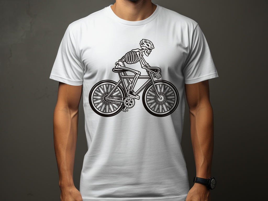 Skeleton riding a bicycle with a helmet on a white t-shirt.