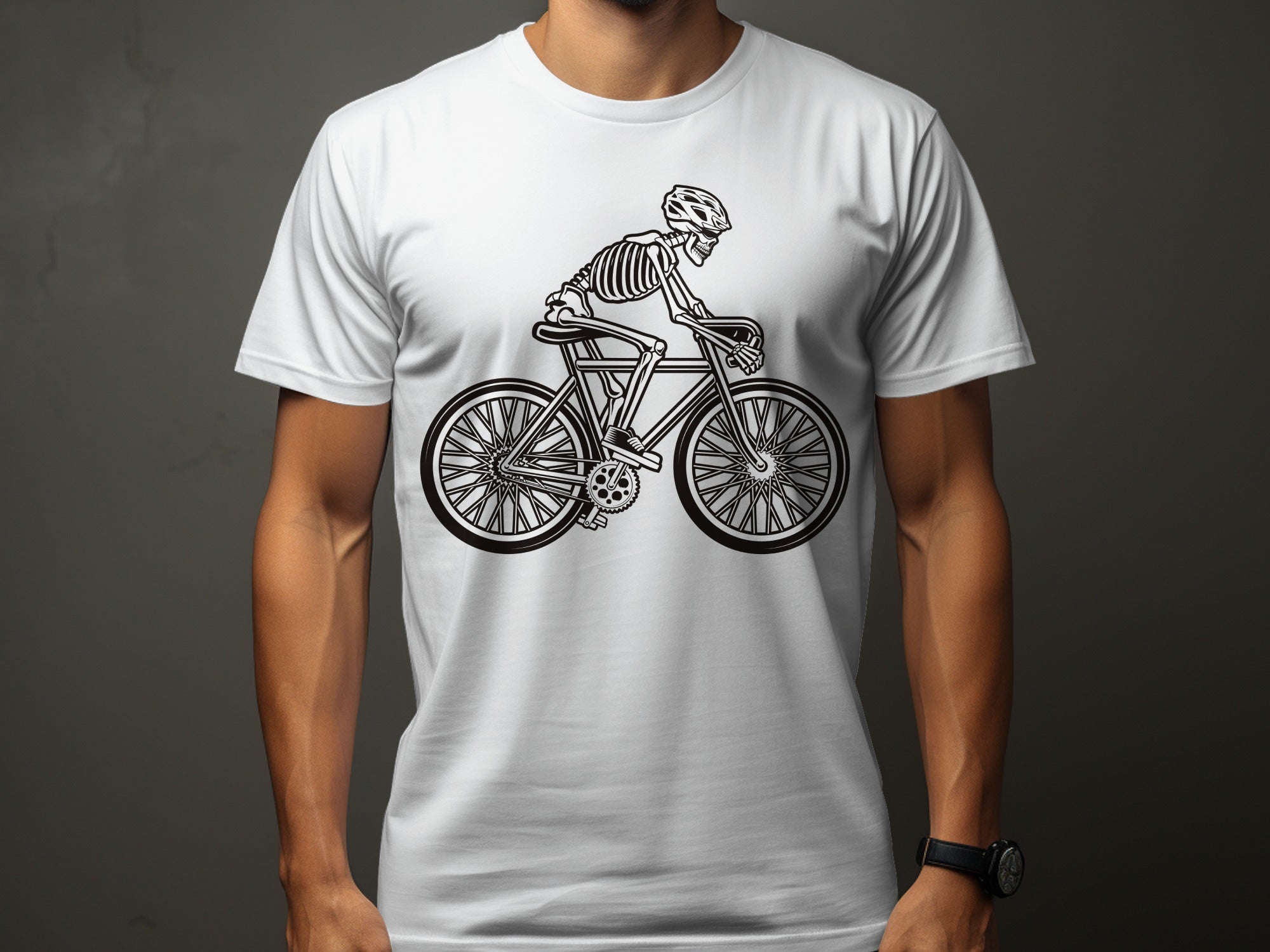 Skeleton riding a bicycle with a helmet on a white t-shirt.