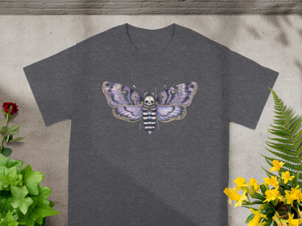 Dark grey t-shirt with a watercolor death's-head hawkmoth graphic.
