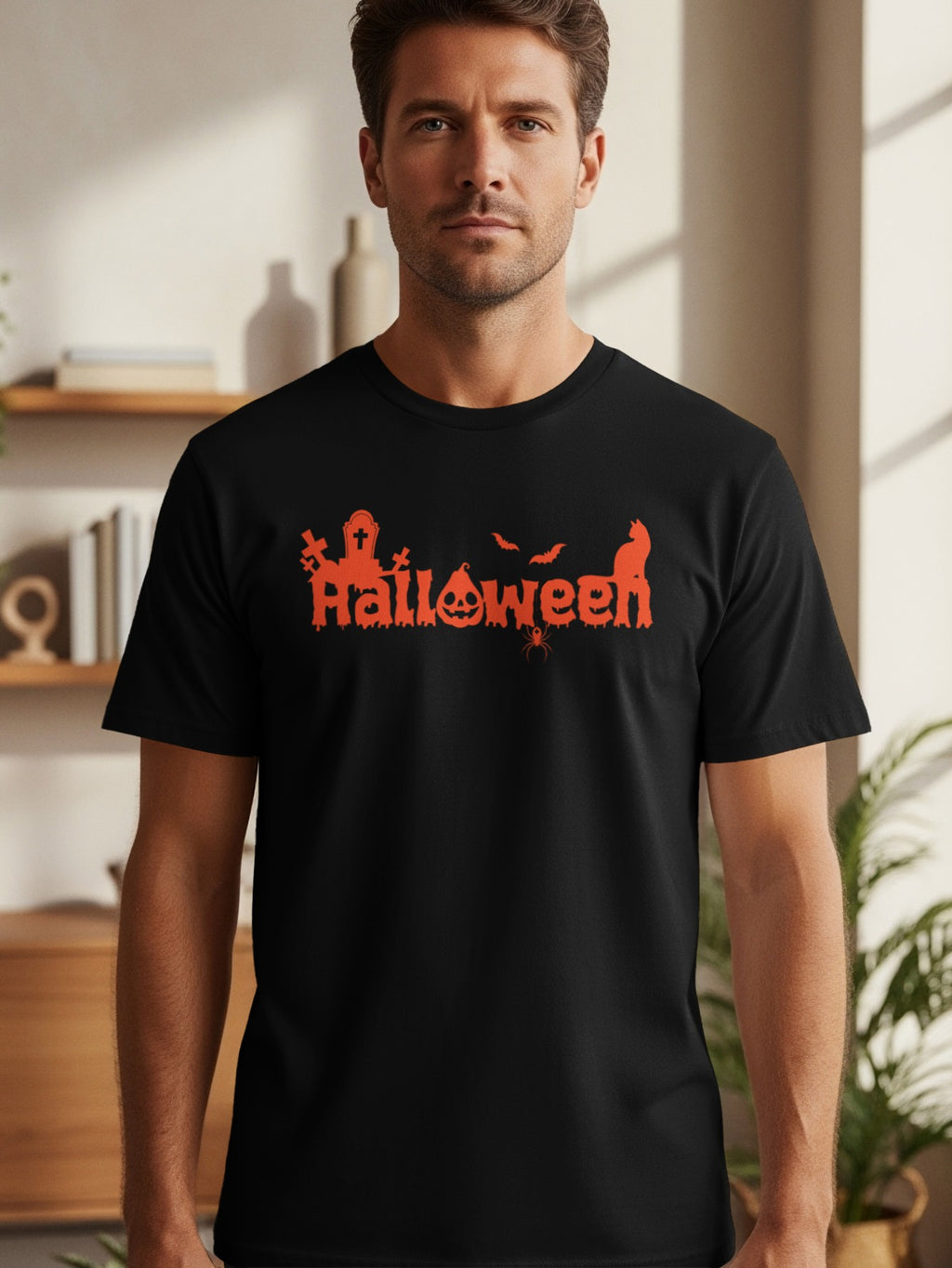 Black t-shirt with orange Halloween graphic featuring spooky icons.