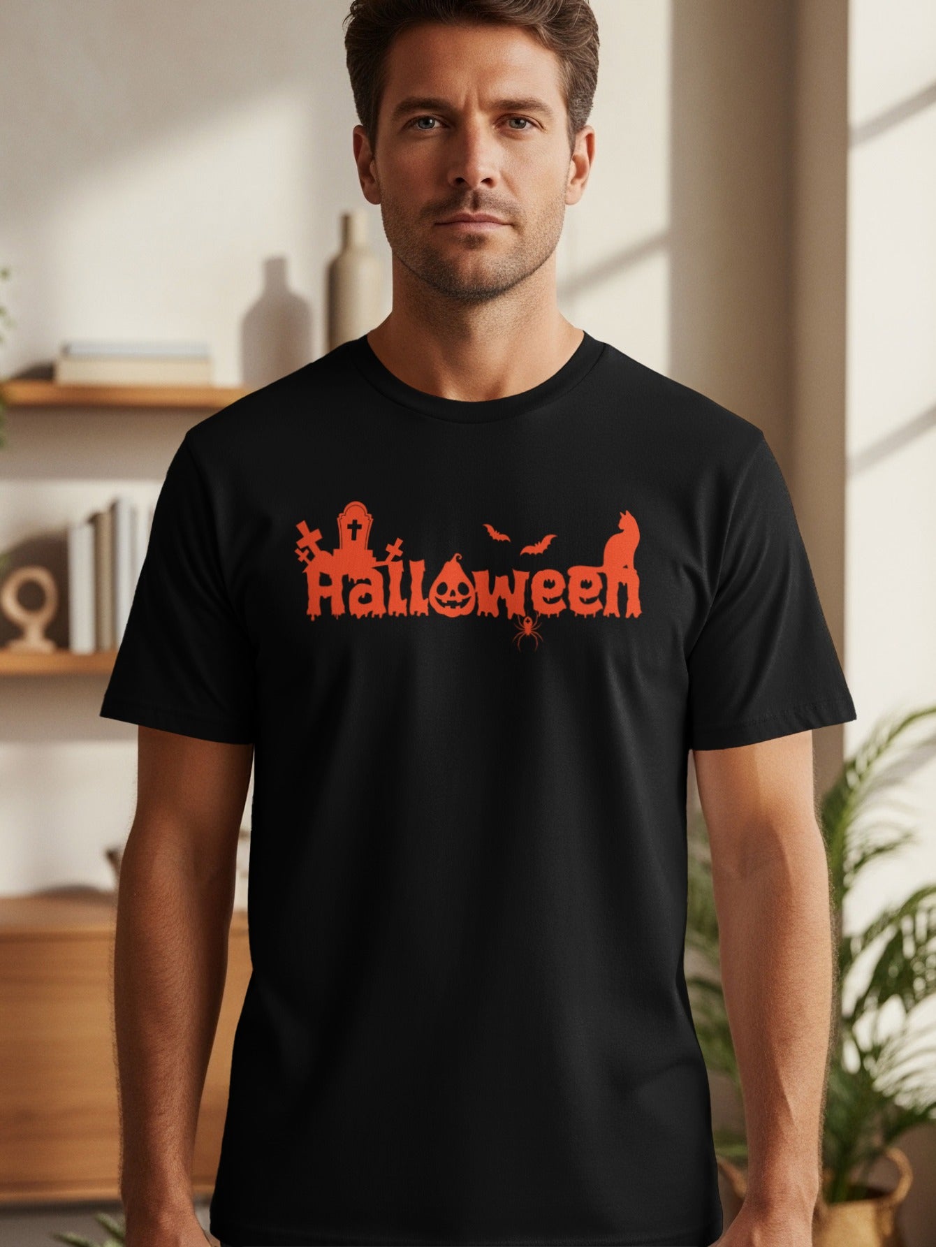 Black t-shirt with orange Halloween graphic featuring spooky icons.