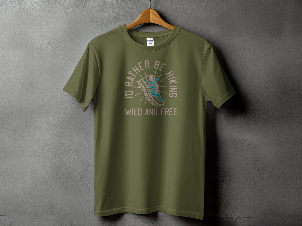 Olive t-shirt with text "I'D RATHER BE HIKING WILD AND FREE" and a shoe graphic.