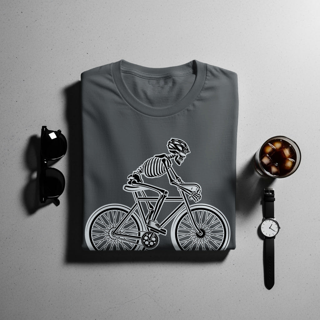Dark grey t-shirt with a white skeleton riding a bicycle graphic.