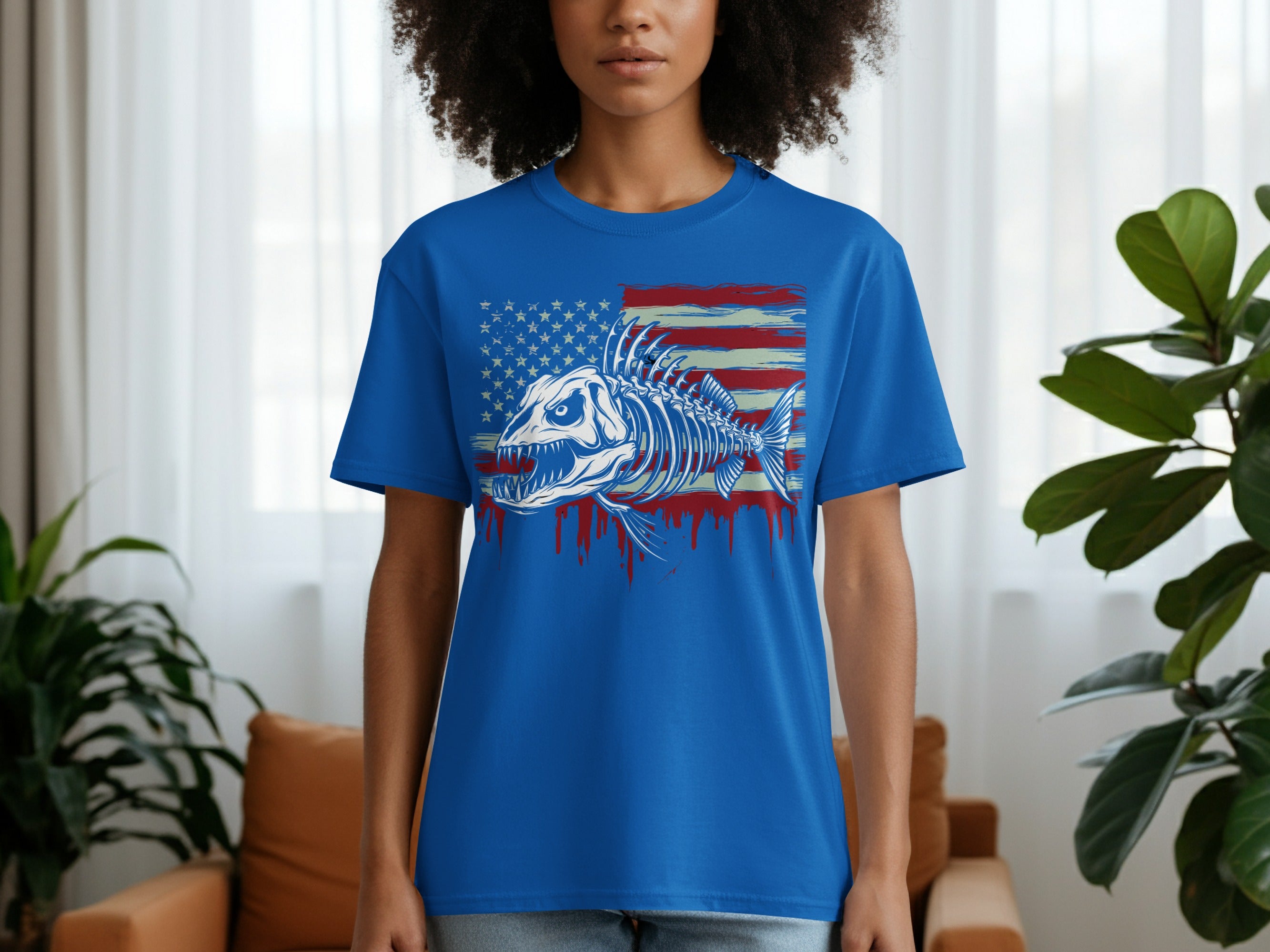 Blue t-shirt featuring a distressed American flag behind a white fish skeleton graphic.