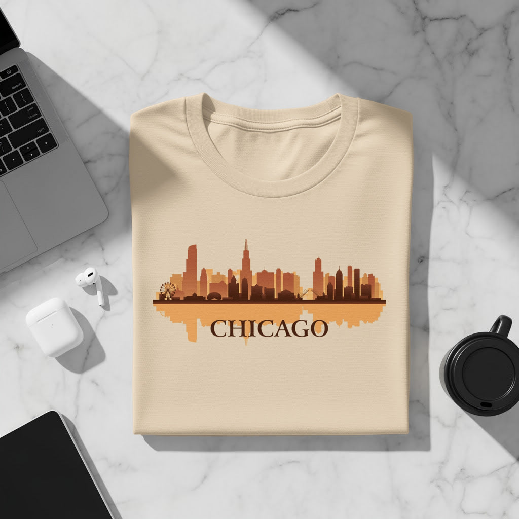 Light beige t-shirt with Chicago skyline graphic and text.