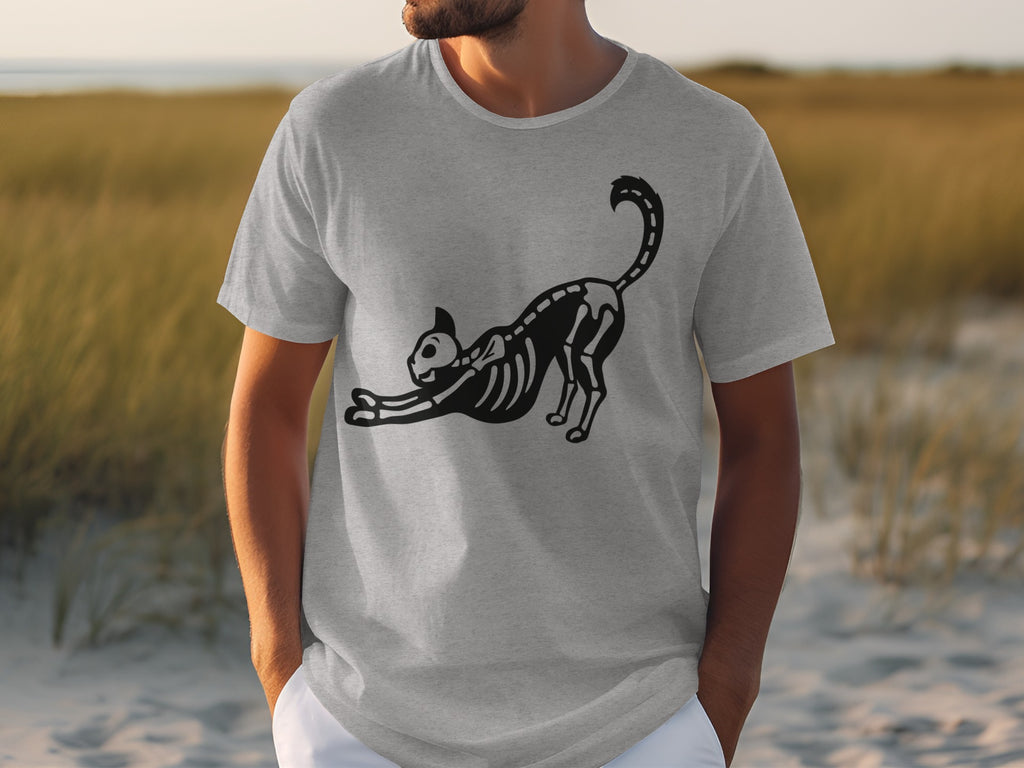 Gray t-shirt with a black skeleton cat graphic stretching on the front.