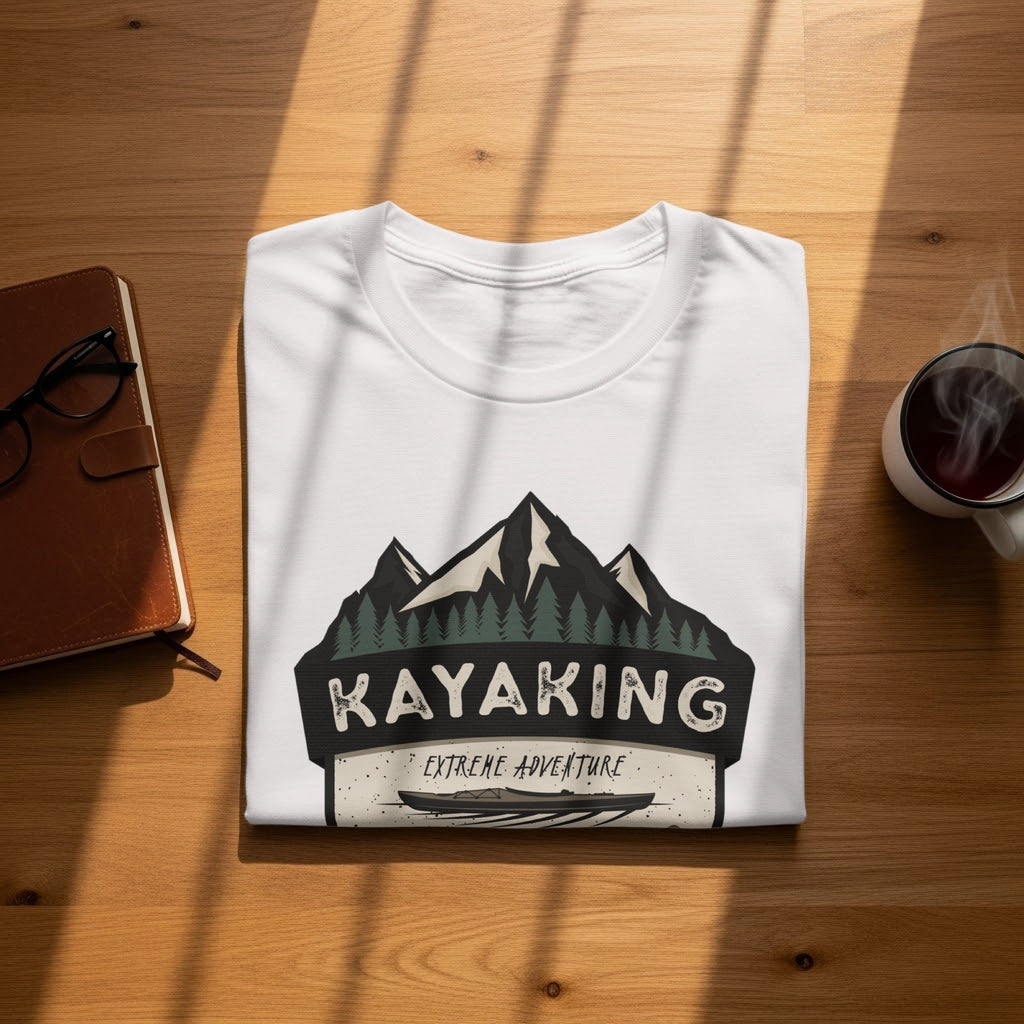 White t-shirt with "Kayaking Extreme Adventure" graphic featuring mountains and kayak.