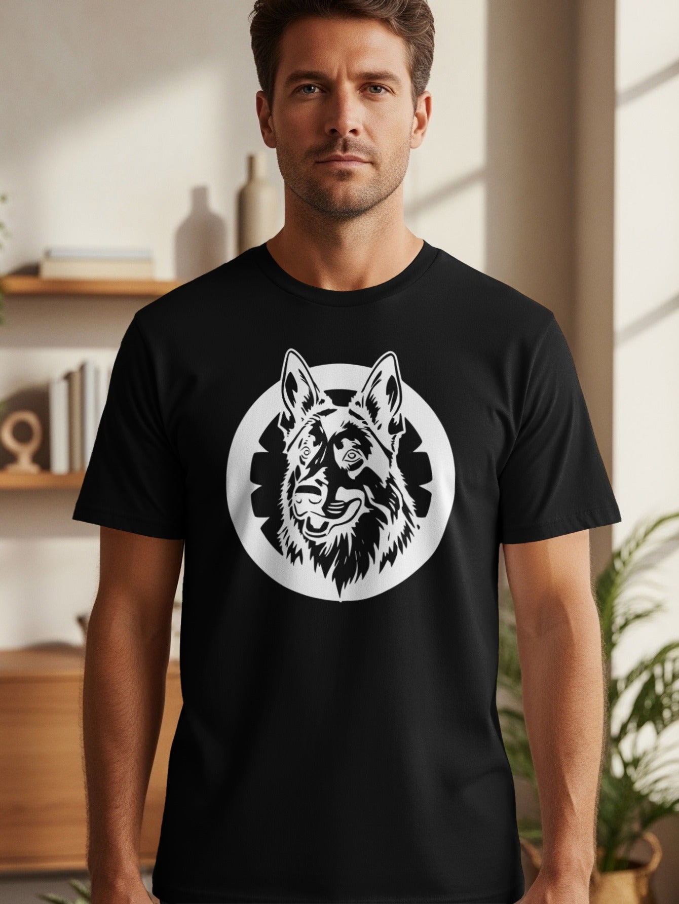 Black t-shirt with a white German Shepherd graphic inside a circular outline.