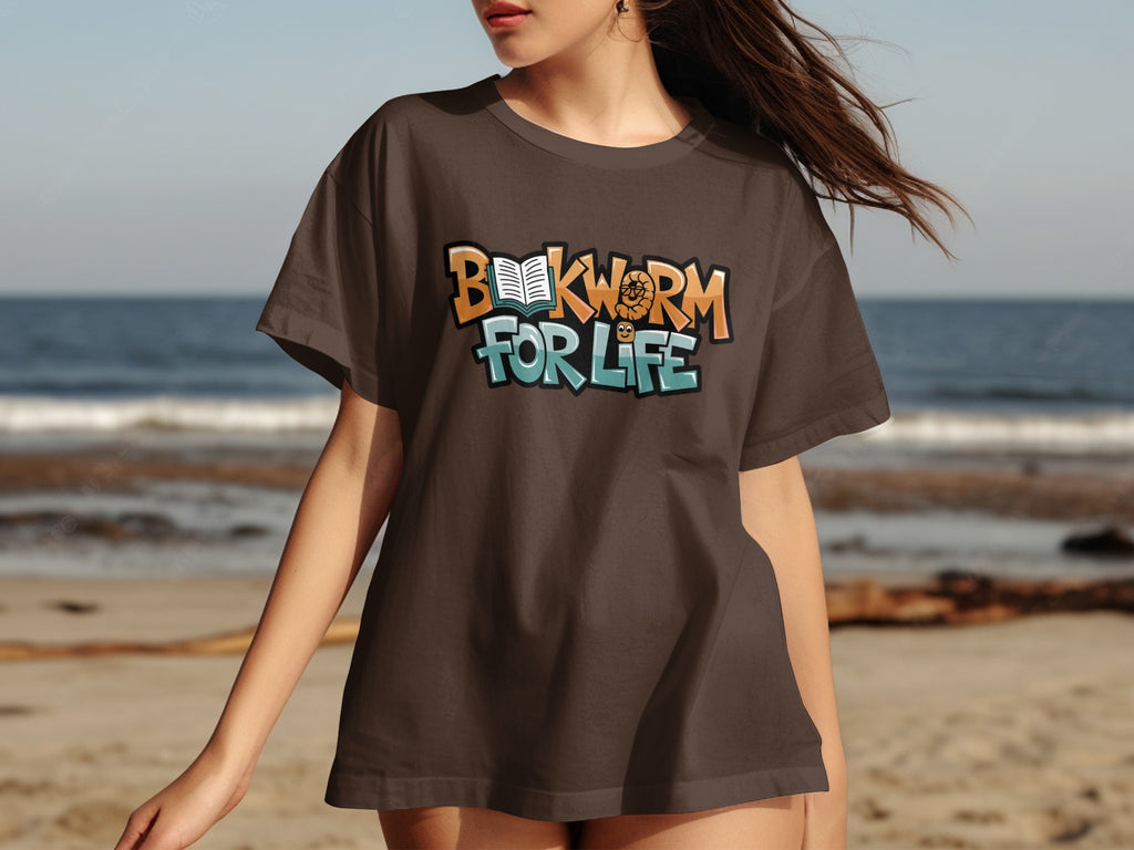 Brown t-shirt with "Bookworm For Life" text and cartoon worm.