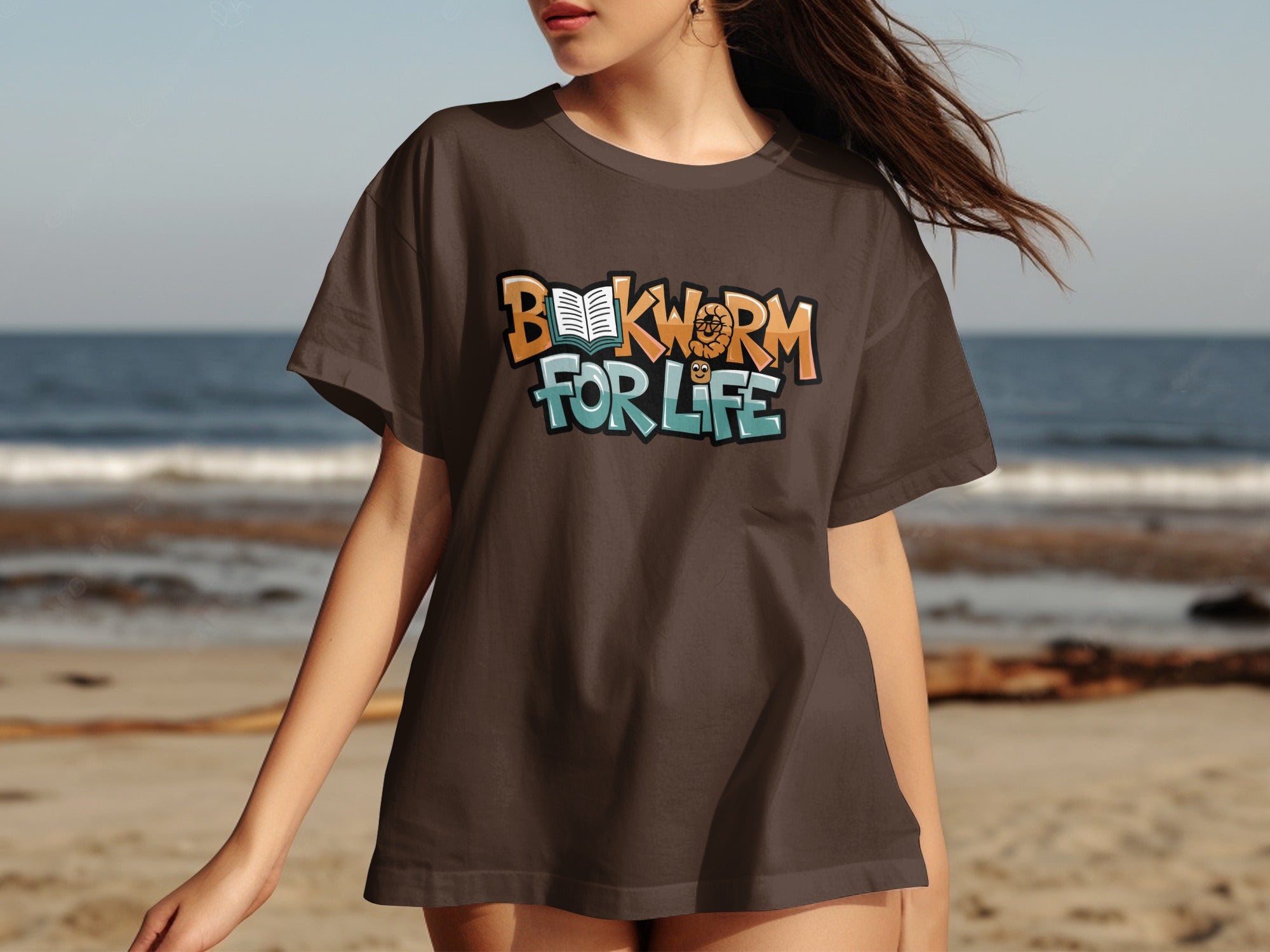 Brown t-shirt with "Bookworm For Life" text and cartoon worm.