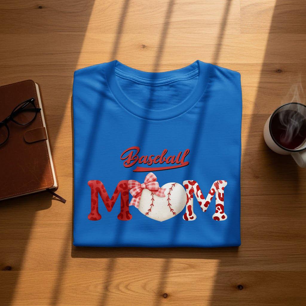 Blue t-shirt with "Baseball Mom" text and baseball heart graphic.