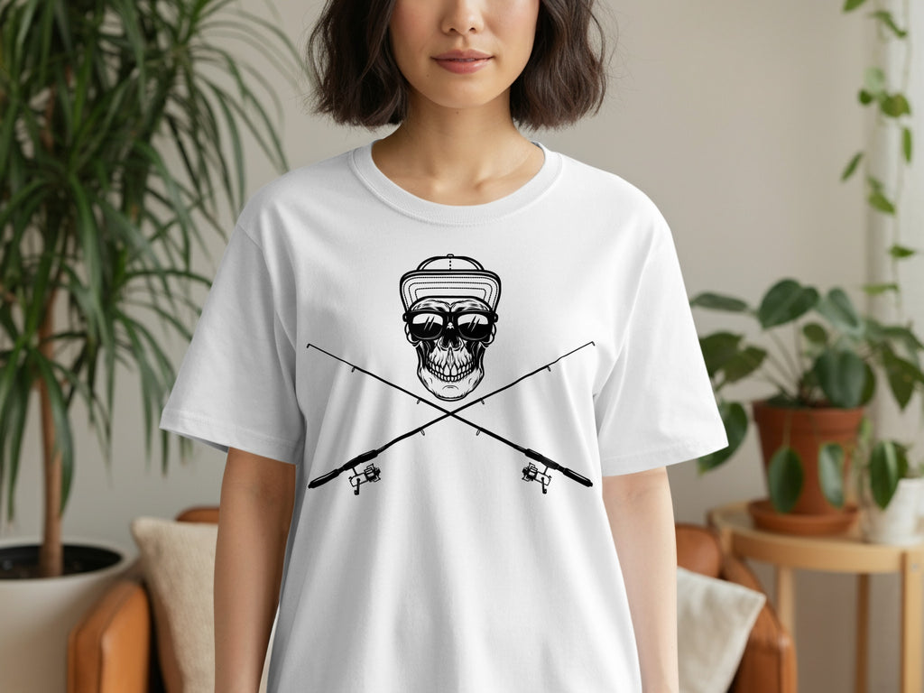 White t-shirt with skull wearing sunglasses and hat, crossed by fishing rods.