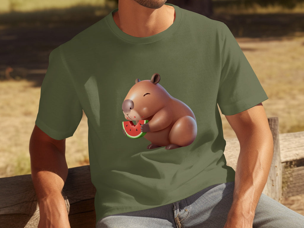 T-shirt with a cartoon capybara eating a slice of watermelon.