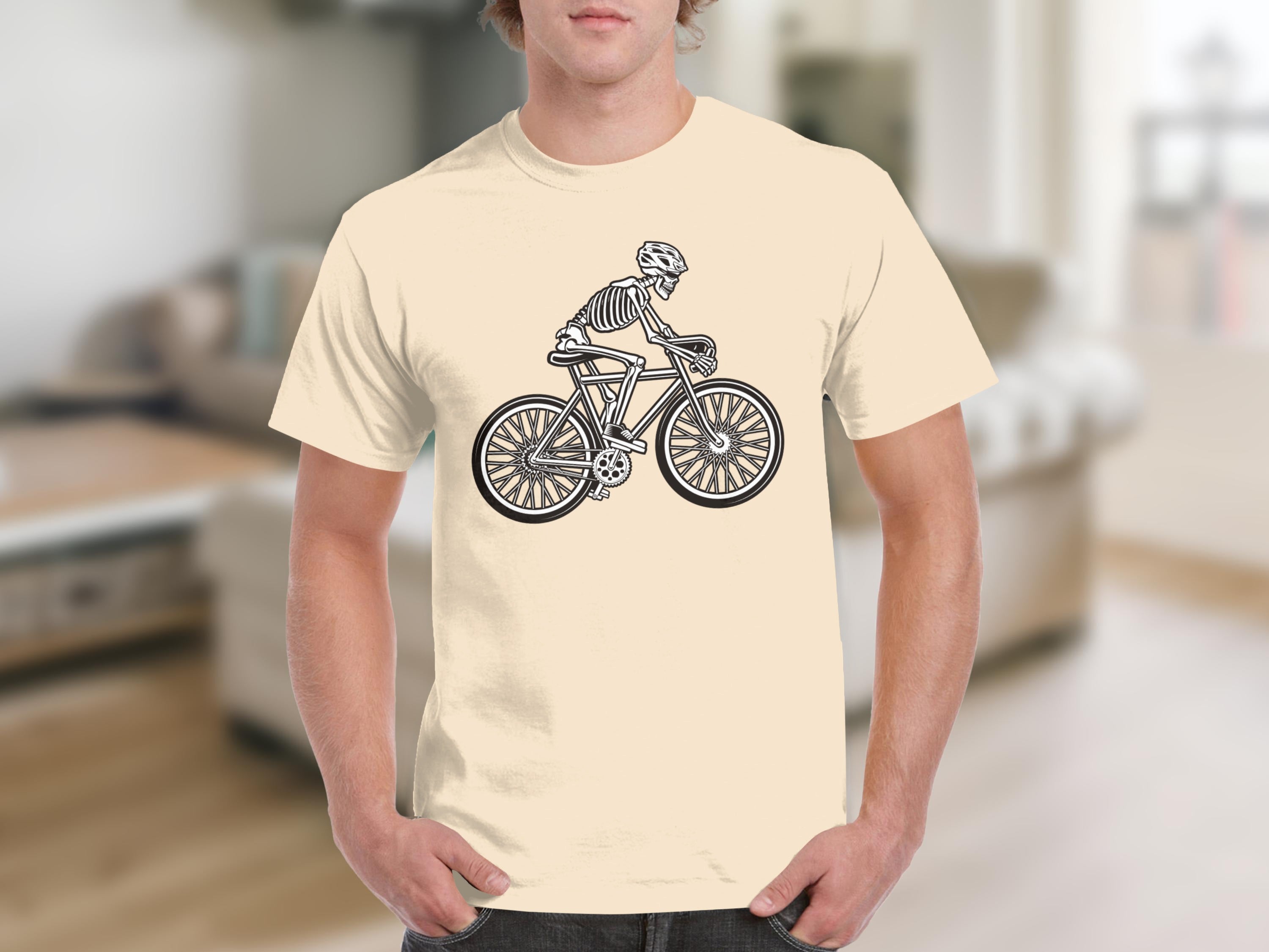 Skeleton with bicycle helmet riding a bicycle.