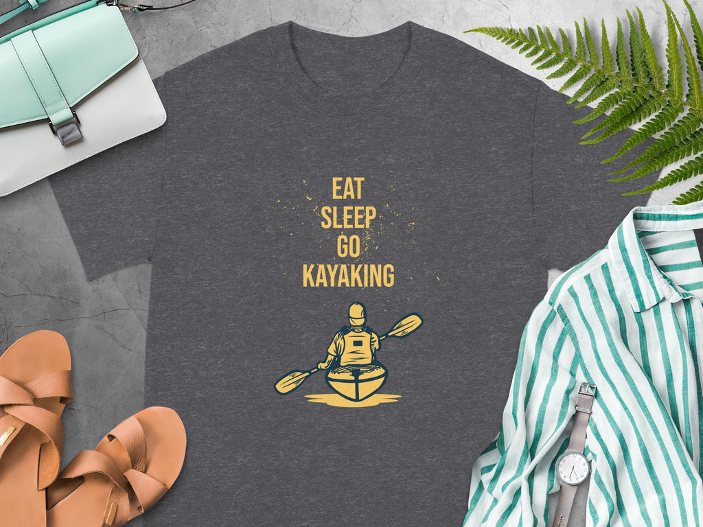 Dark grey t-shirt with "Eat Sleep Go Kayaking" text and kayak graphic.