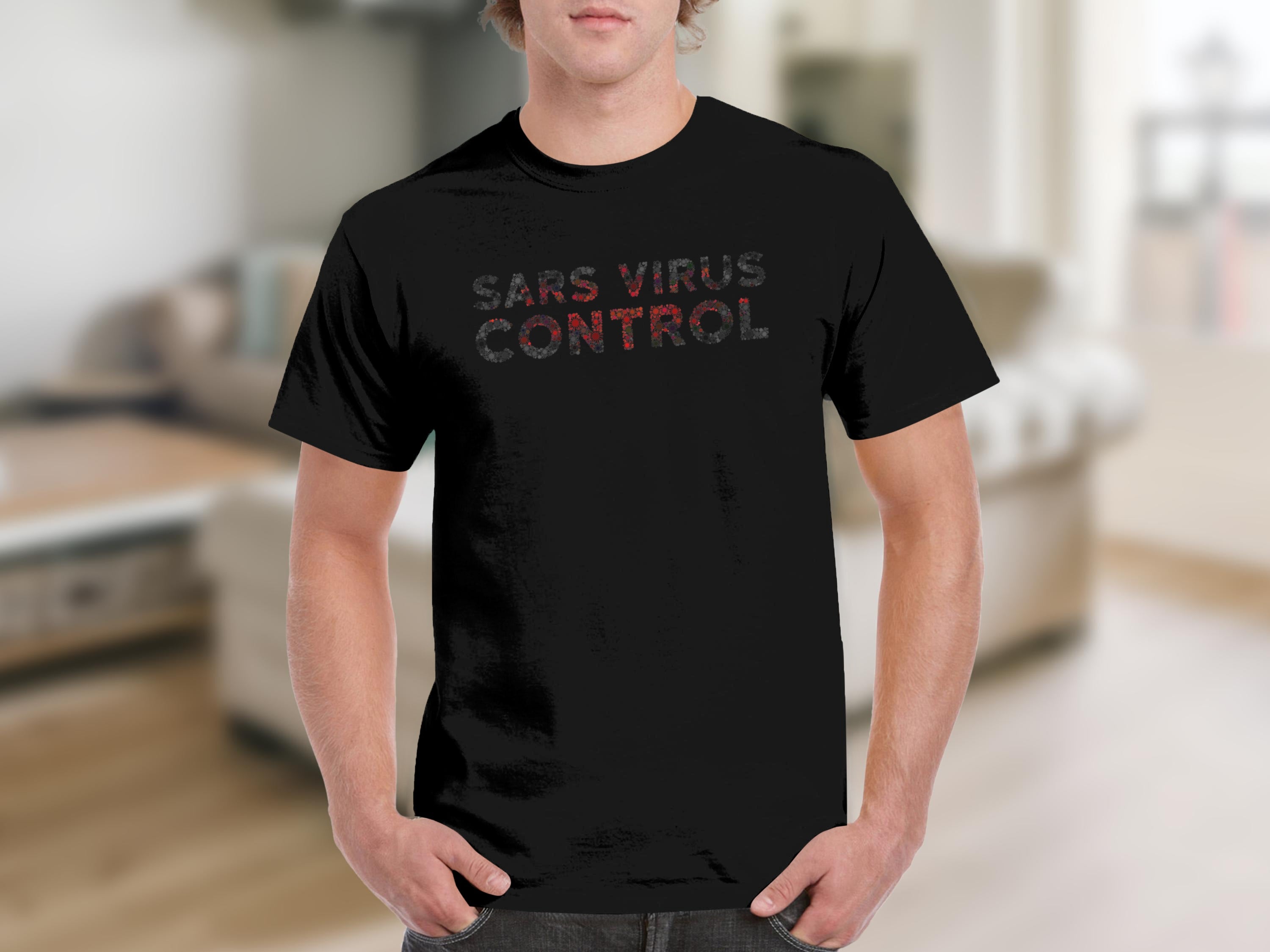 Black t-shirt with "SARS VIRUS CONTROL" text made of virus graphics.