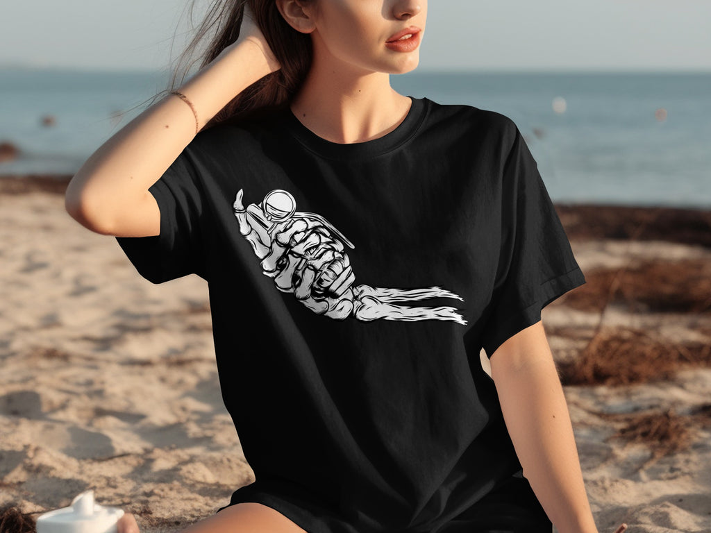 Black t-shirt with a white skeleton hand holding a retro motorcycle helmet.