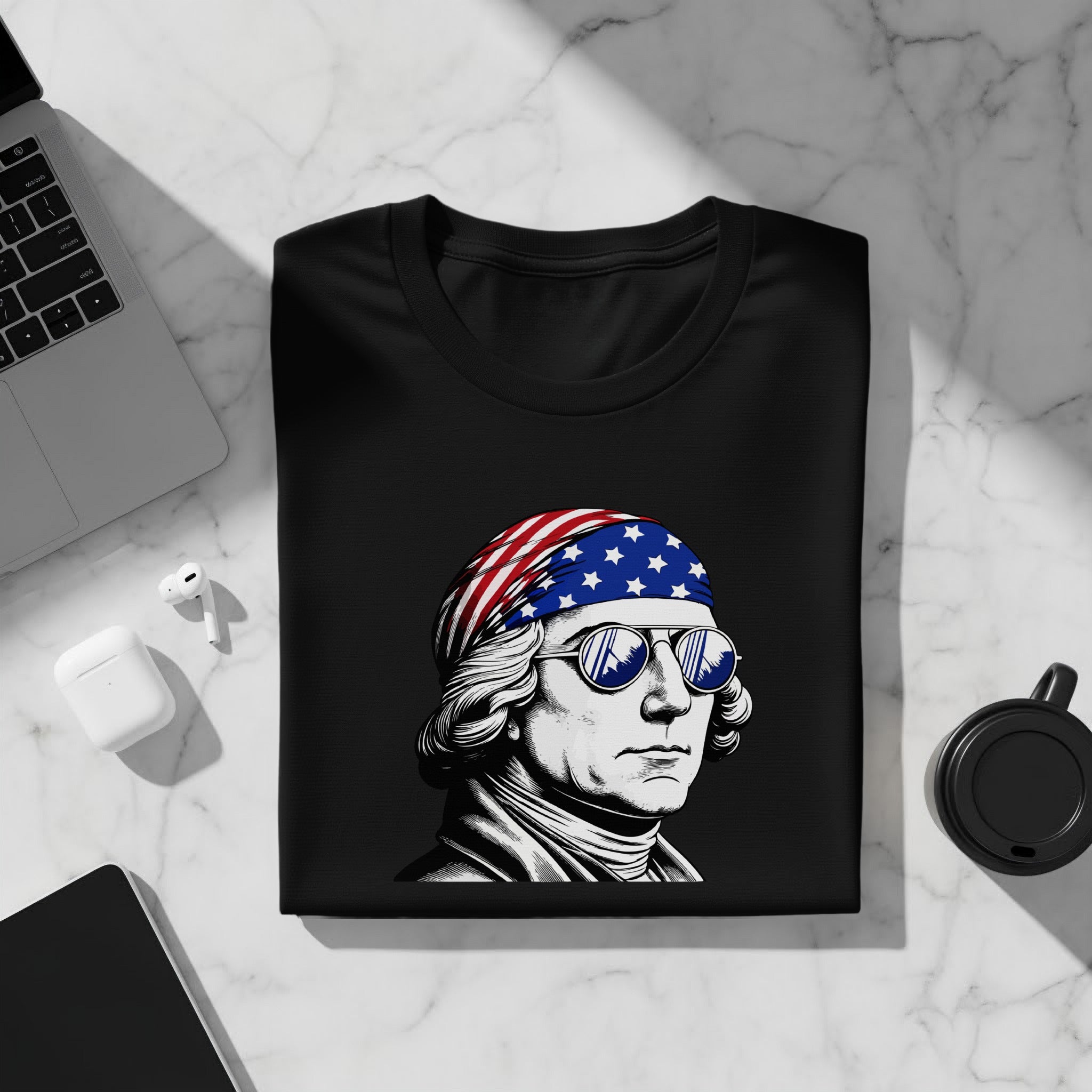 Black t-shirt with George Washington wearing American flag bandana and blue sunglasses.