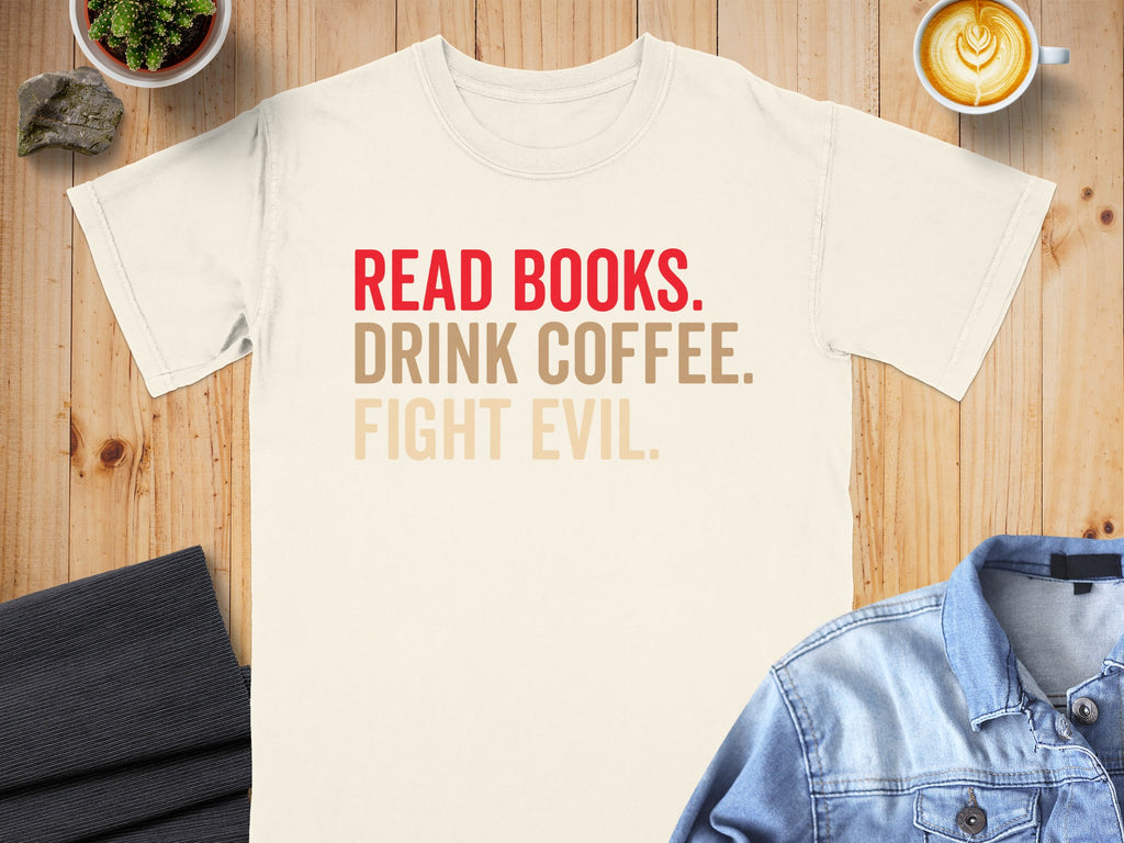 Cream t-shirt with red and beige text: "Read Books. Drink Coffee. Fight Evil."