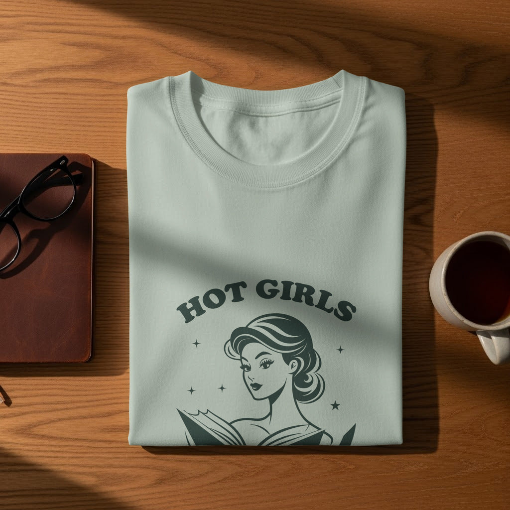 Light blue t-shirt with "HOT GIRLS" text and a woman reading a book graphic.