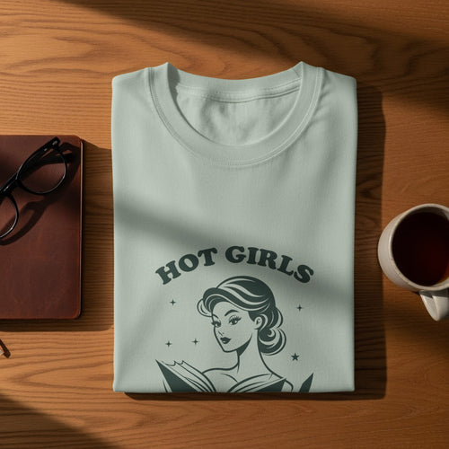 Light blue t-shirt with "HOT GIRLS" text and a woman reading a book graphic.