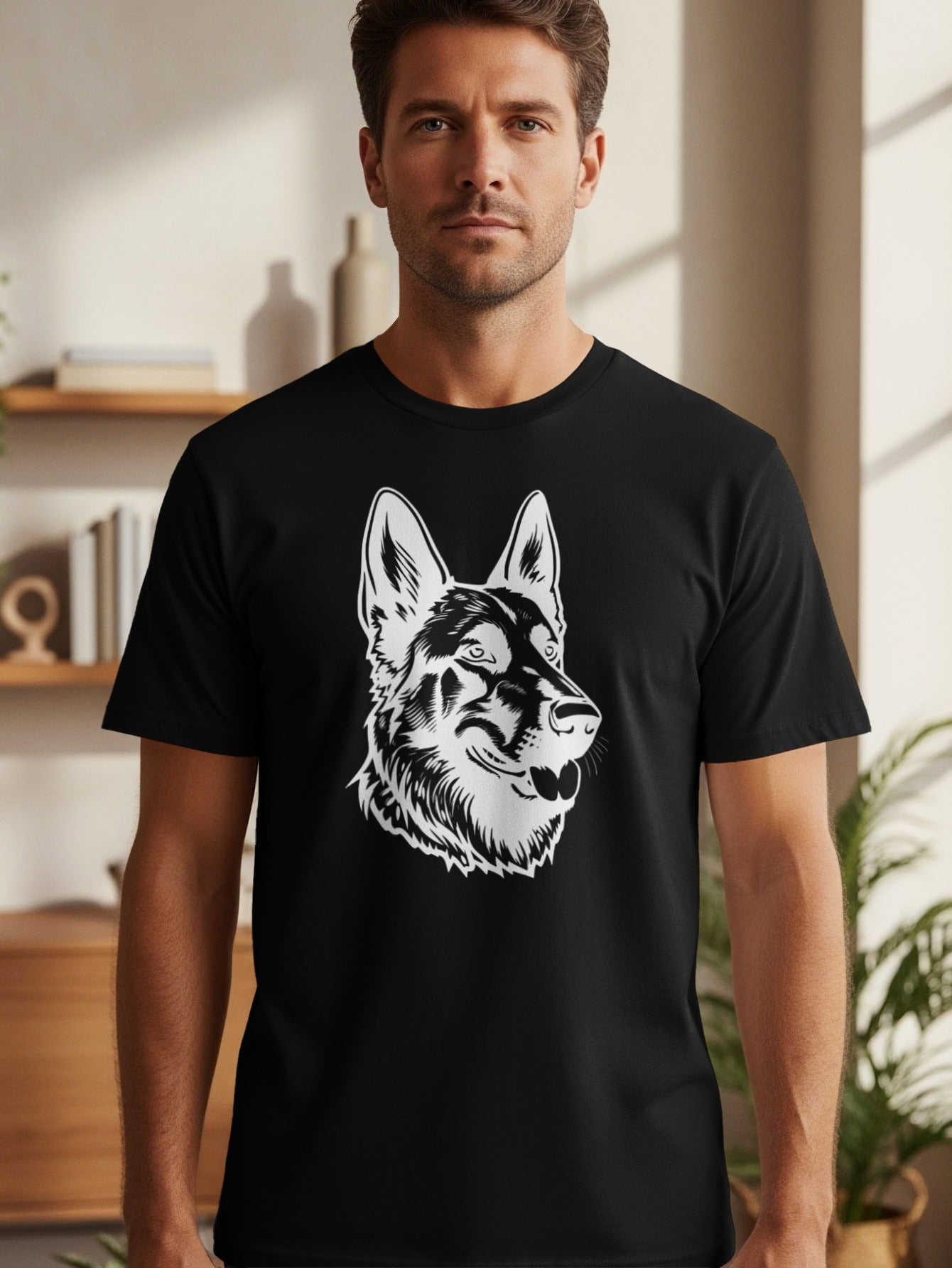 Black t-shirt with a white line drawing of a German Shepherd's head.