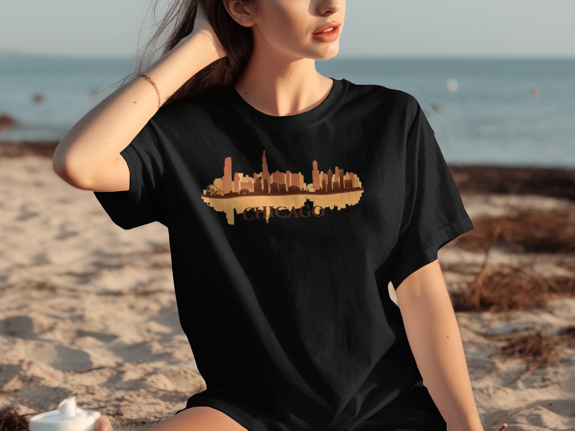 Black t-shirt with a brown Chicago skyline graphic and reflection.