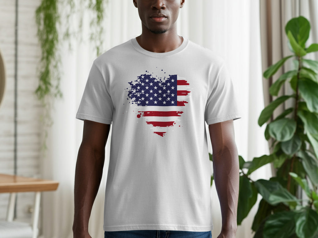 Light grey t-shirt with a distressed heart-shaped American flag graphic.