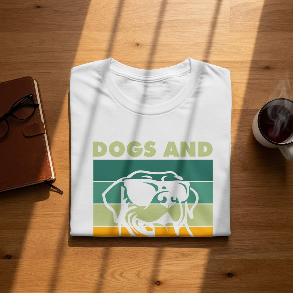 White t-shirt with "DOGS AND" text and a dog wearing sunglasses in a retro style.