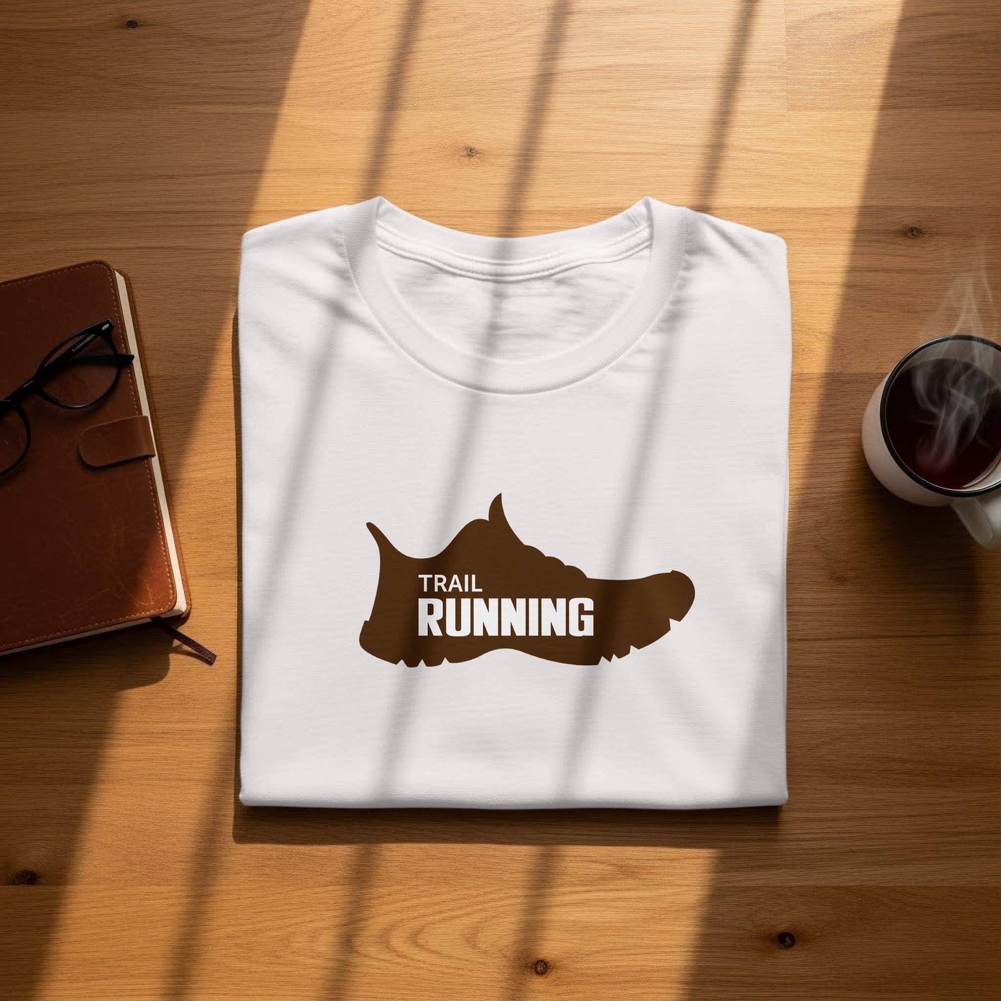 White t-shirt with brown trail running shoe graphic and text.