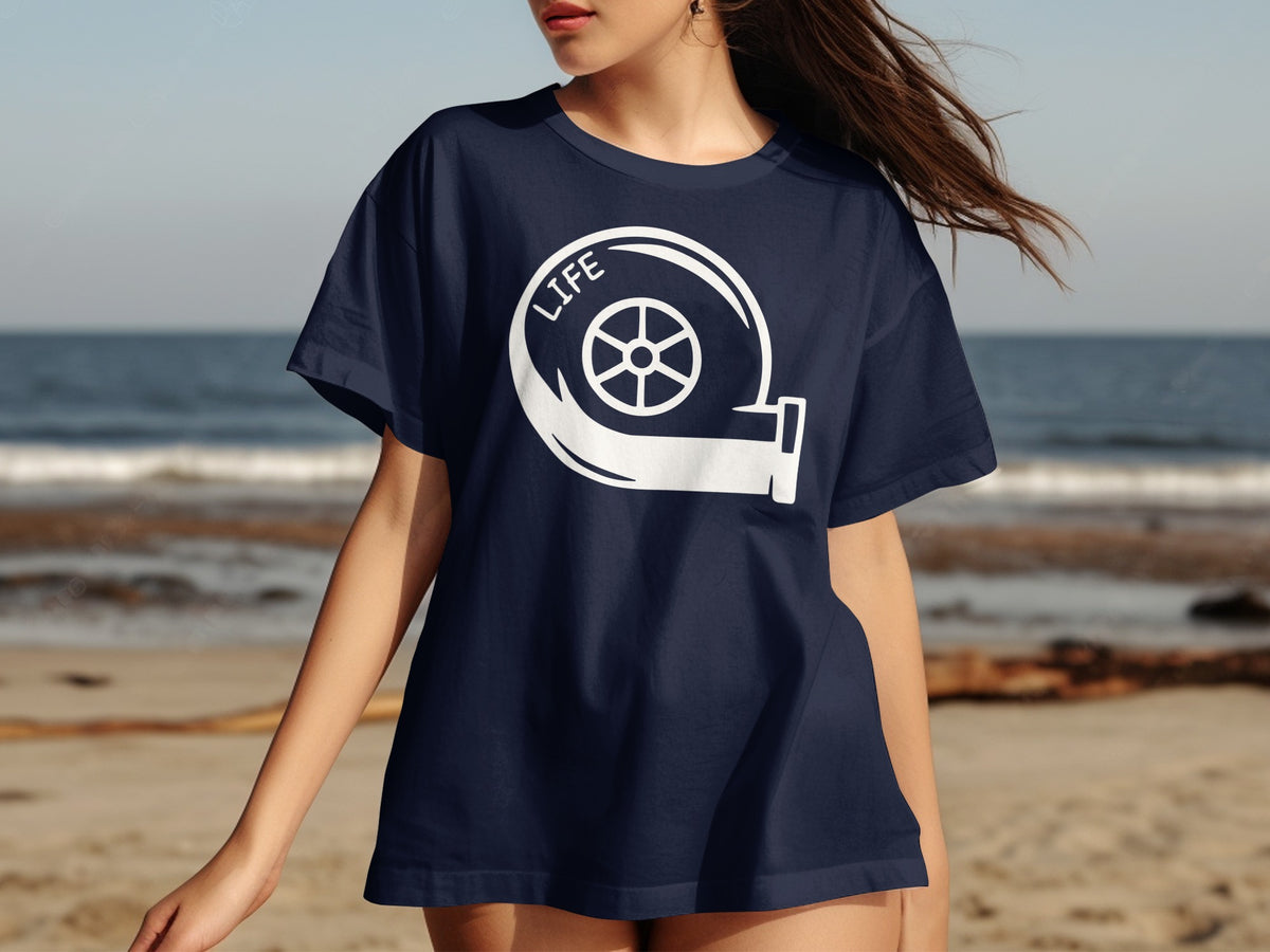 Navy t-shirt with white turbocharger graphic and "LIFE" text
