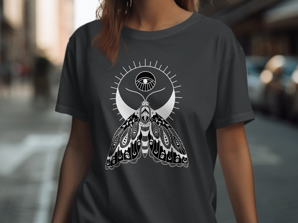 Dark gray t-shirt featuring a black and white moth with an eye design.