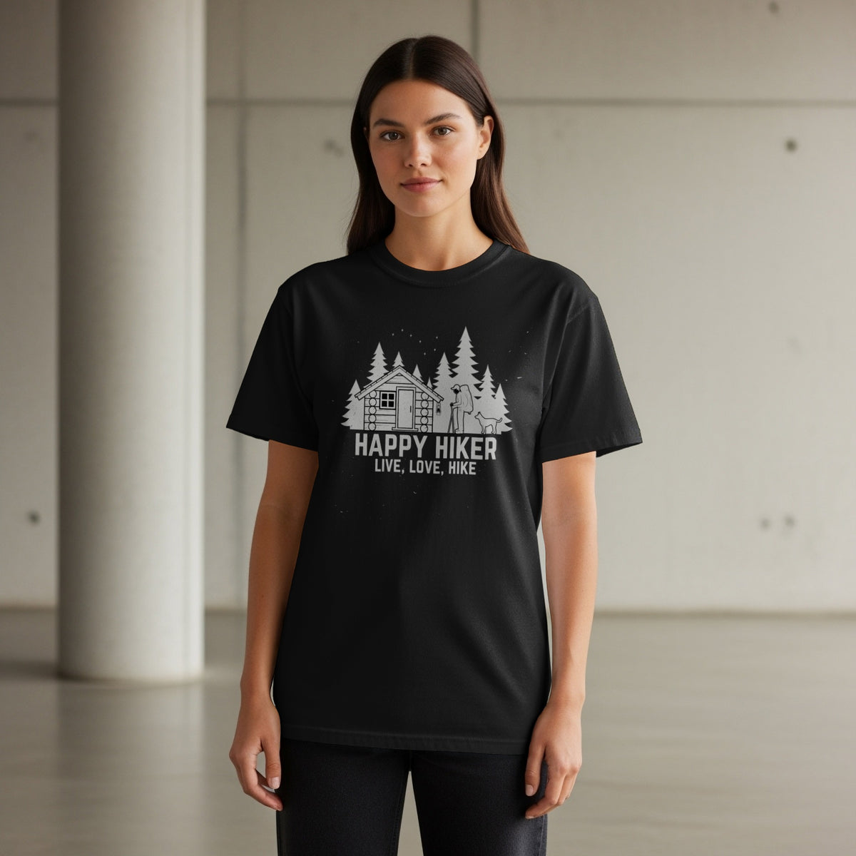Black t-shirt with "Happy Hiker" graphic featuring a cabin, trees, hiker, and dog.