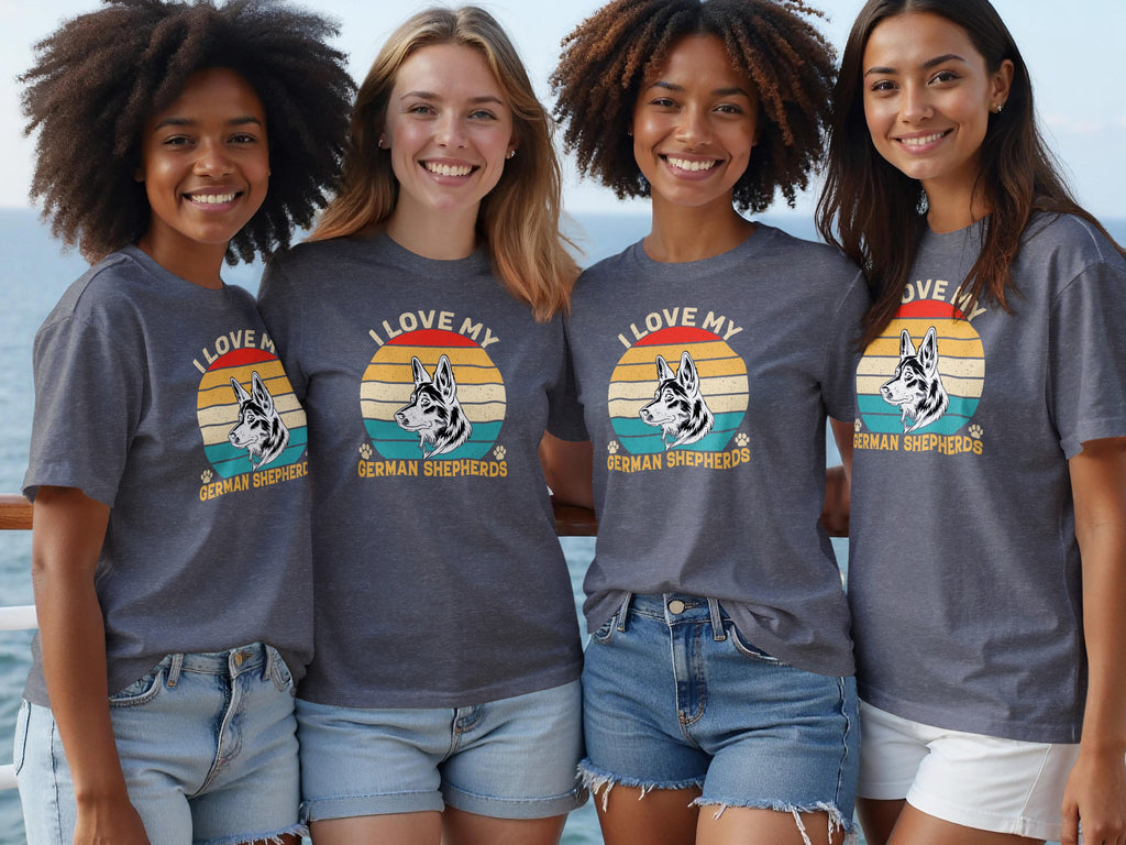 Four women wear dark grey t-shirts with a graphic of a German Shepherd against a retro sun and text.
