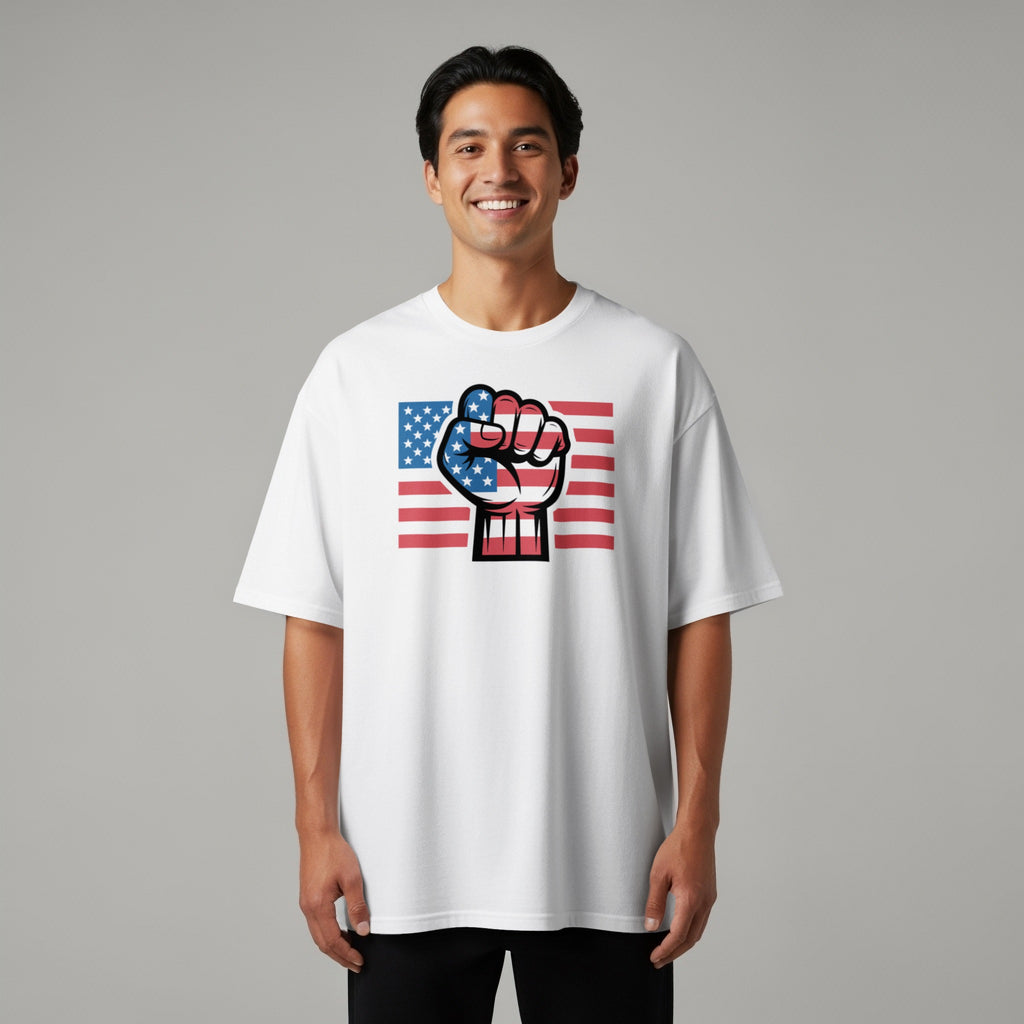 A fist with the American flag design over the American flag.