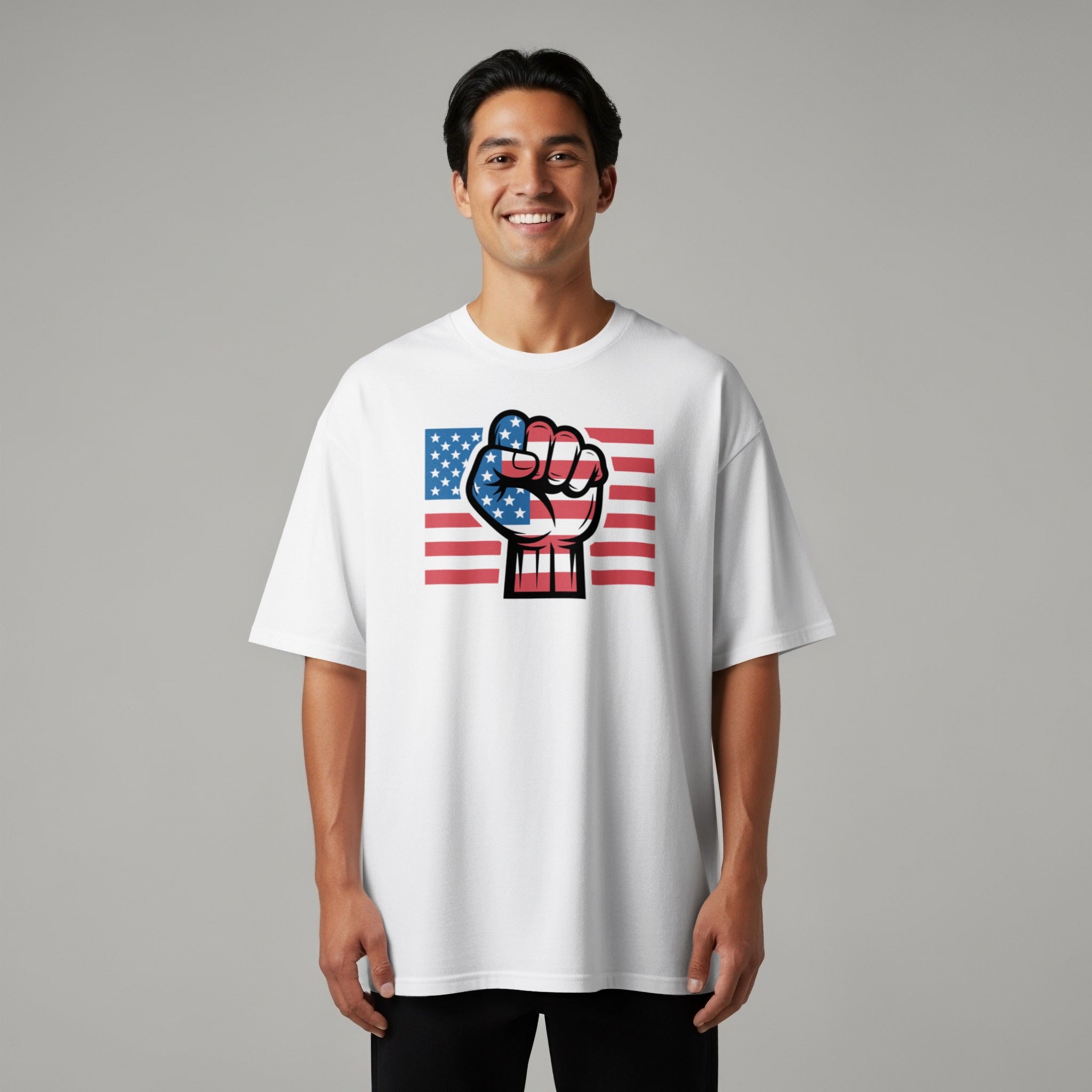 A fist with the American flag design over the American flag.
