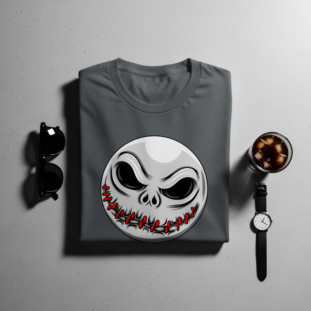 Dark grey t-shirt with stitched smiley face graphic, sunglasses, watch, and drink.