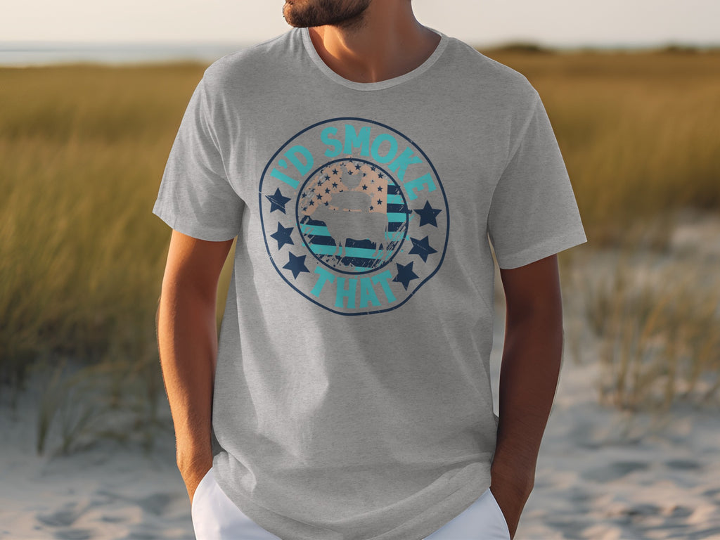 Grey t-shirt with a circular design about smoking meat