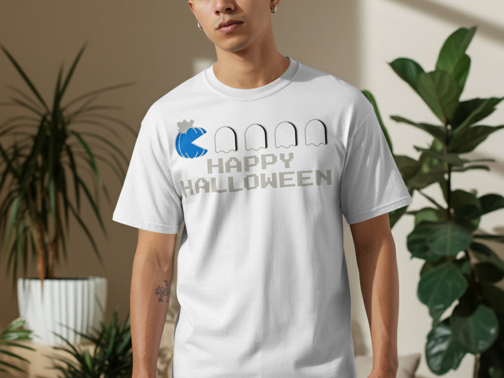 White t-shirt with blue pumpkin Pac-Man and ghost characters, saying HAPPY HALLOWEEN.
