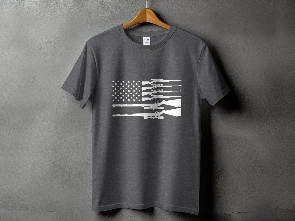 Dark grey t-shirt featuring a white American flag design made of rifles.