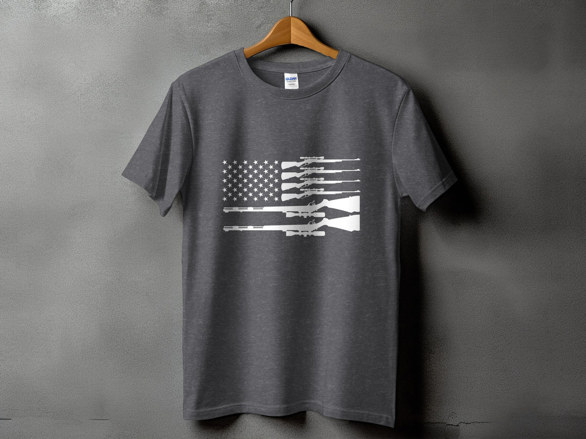 Dark grey t-shirt featuring a white American flag design made of rifles.