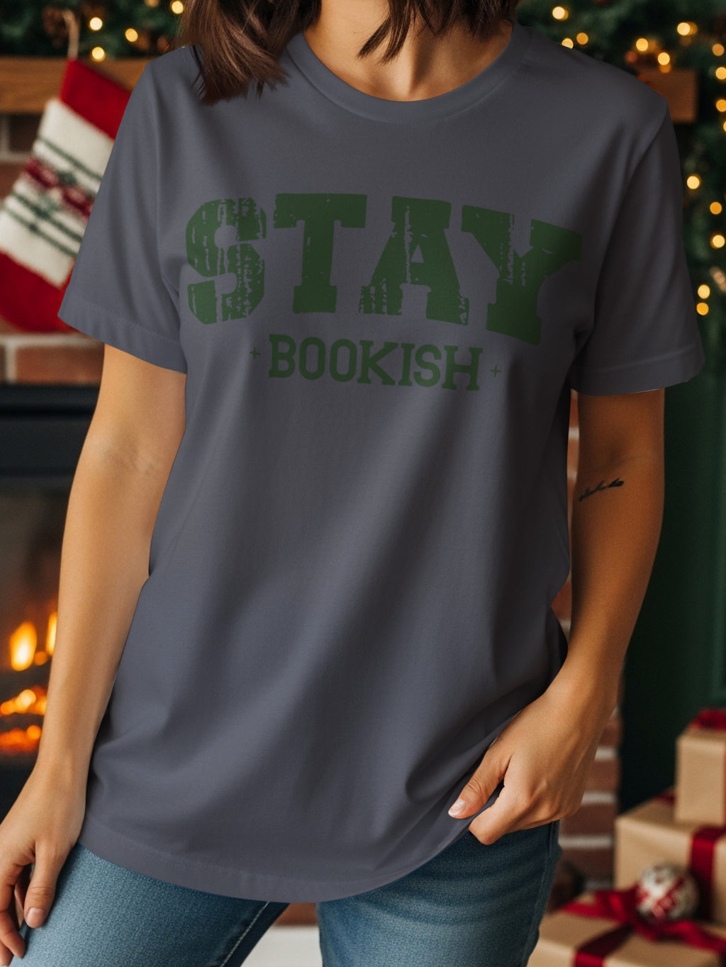 Dark grey t-shirt with green distressed text "STAY BOOKISH"