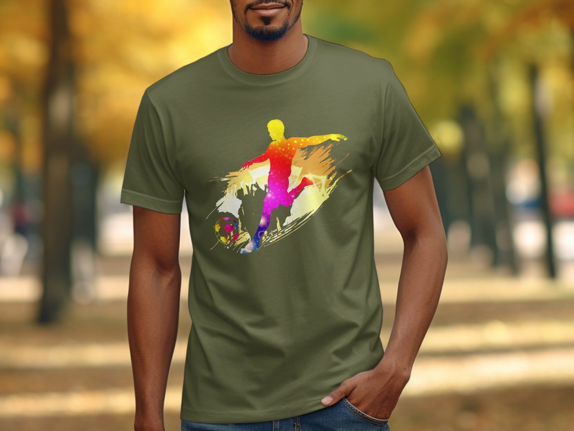 Man in olive green t-shirt with colorful soccer player graphic and soccer ball.