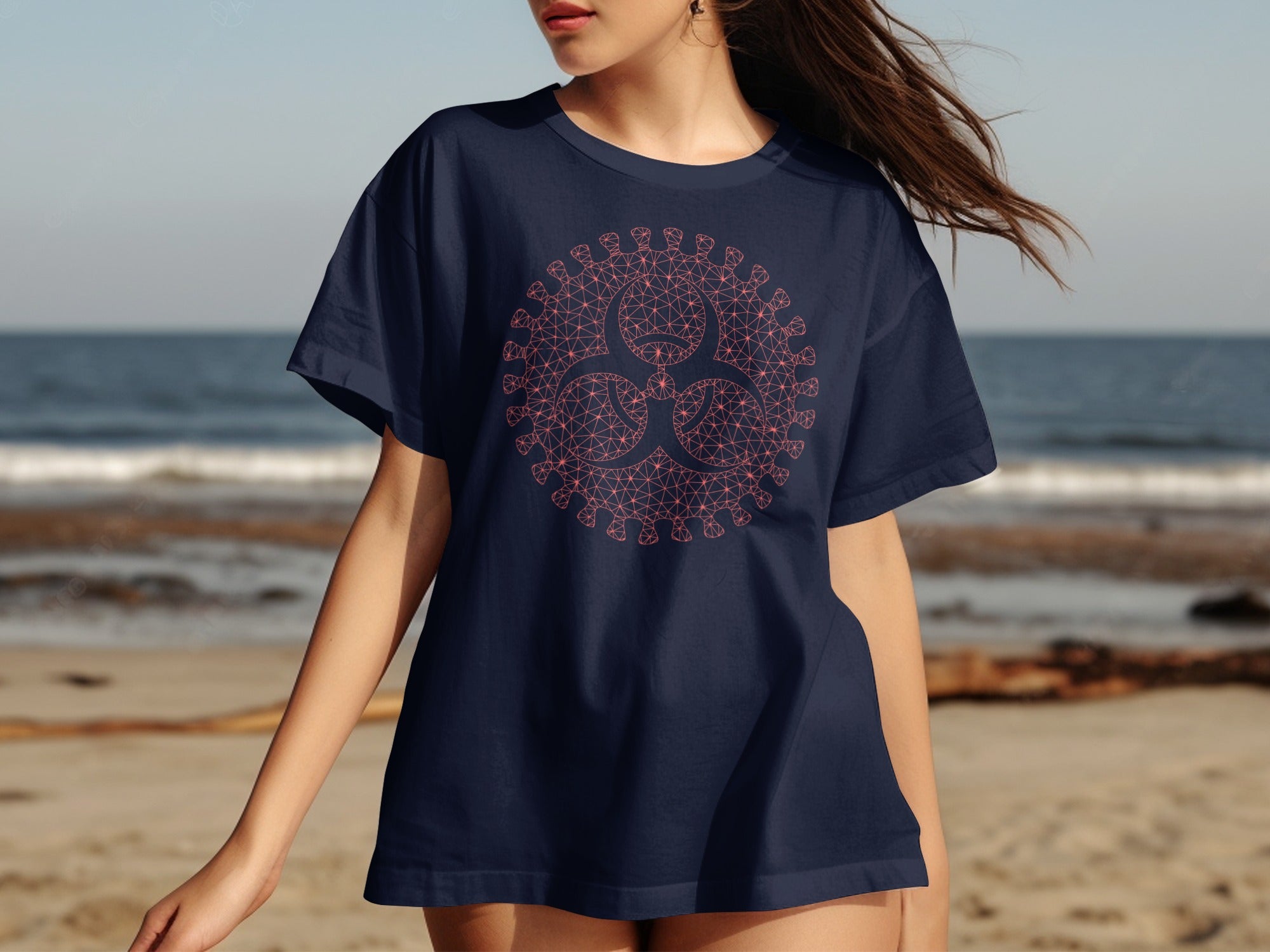 Dark navy t-shirt featuring a pink geometric biohazard symbol overlaid on a coronavirus design.