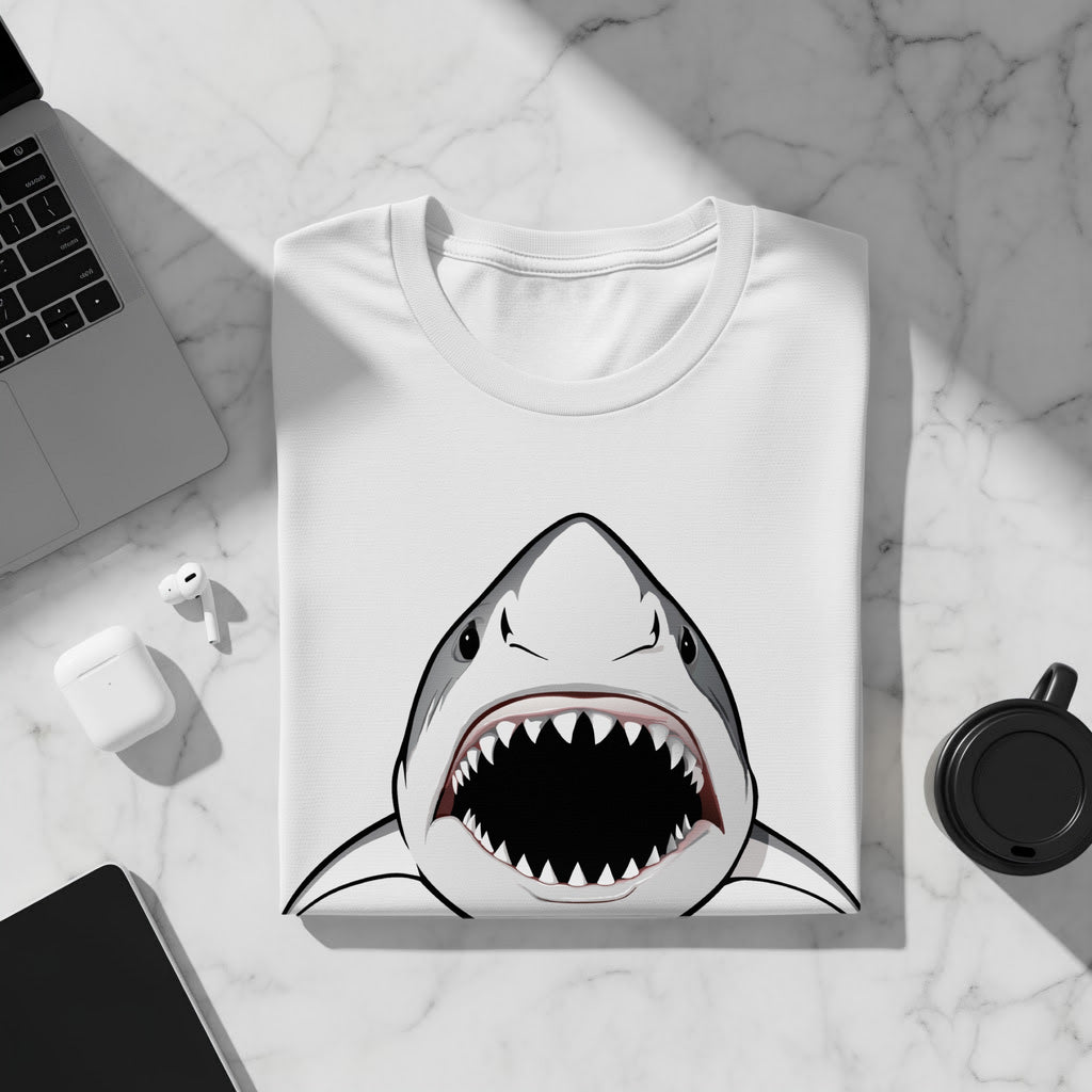 White t-shirt featuring a cartoon shark's open mouth and sharp teeth.