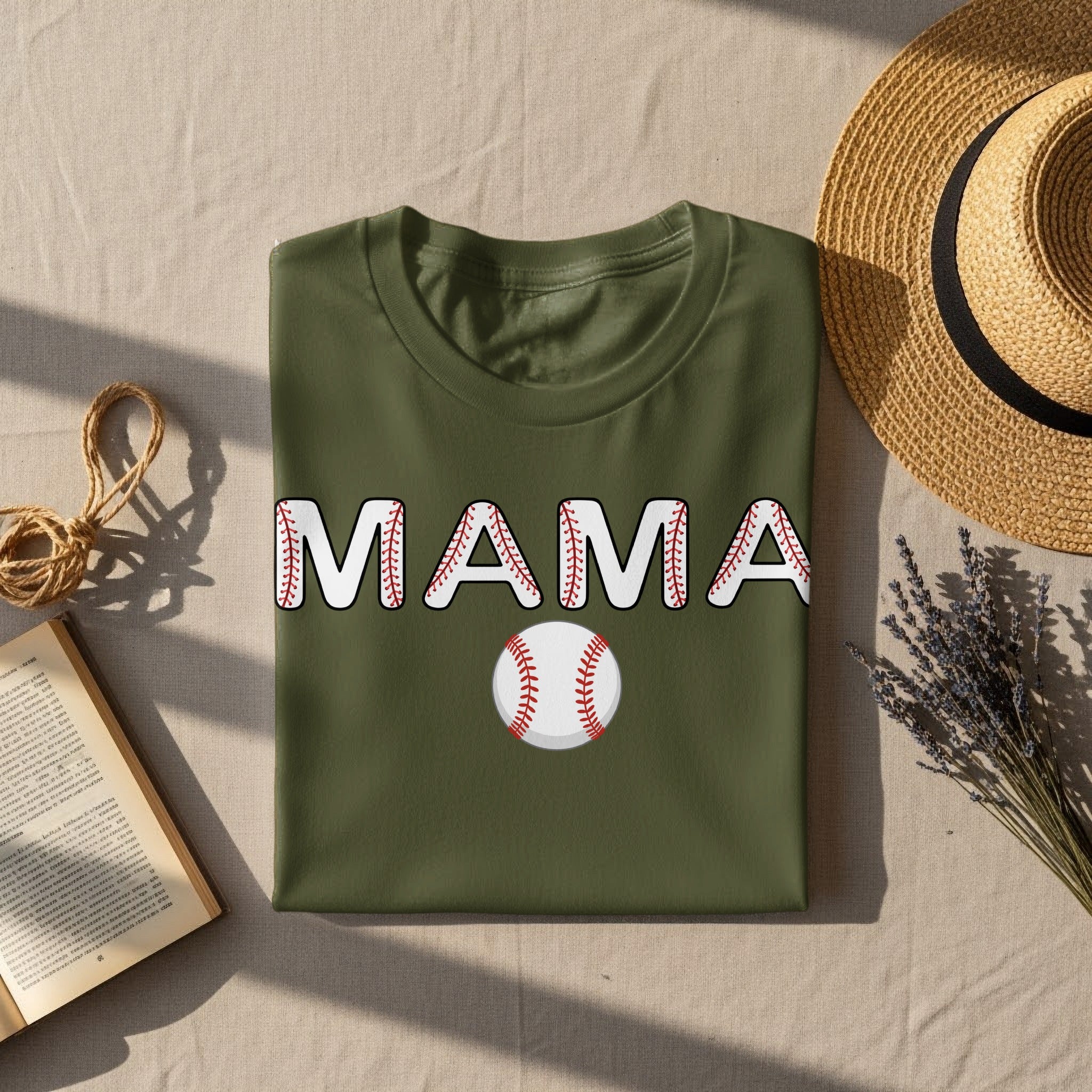Olive green t-shirt with "MAMA" in baseball stitching and a baseball graphic.