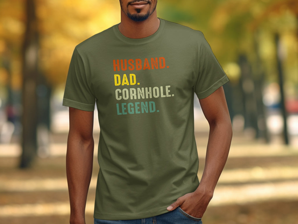 Green t-shirt with text: Husband. Dad. Cornhole. Legend.