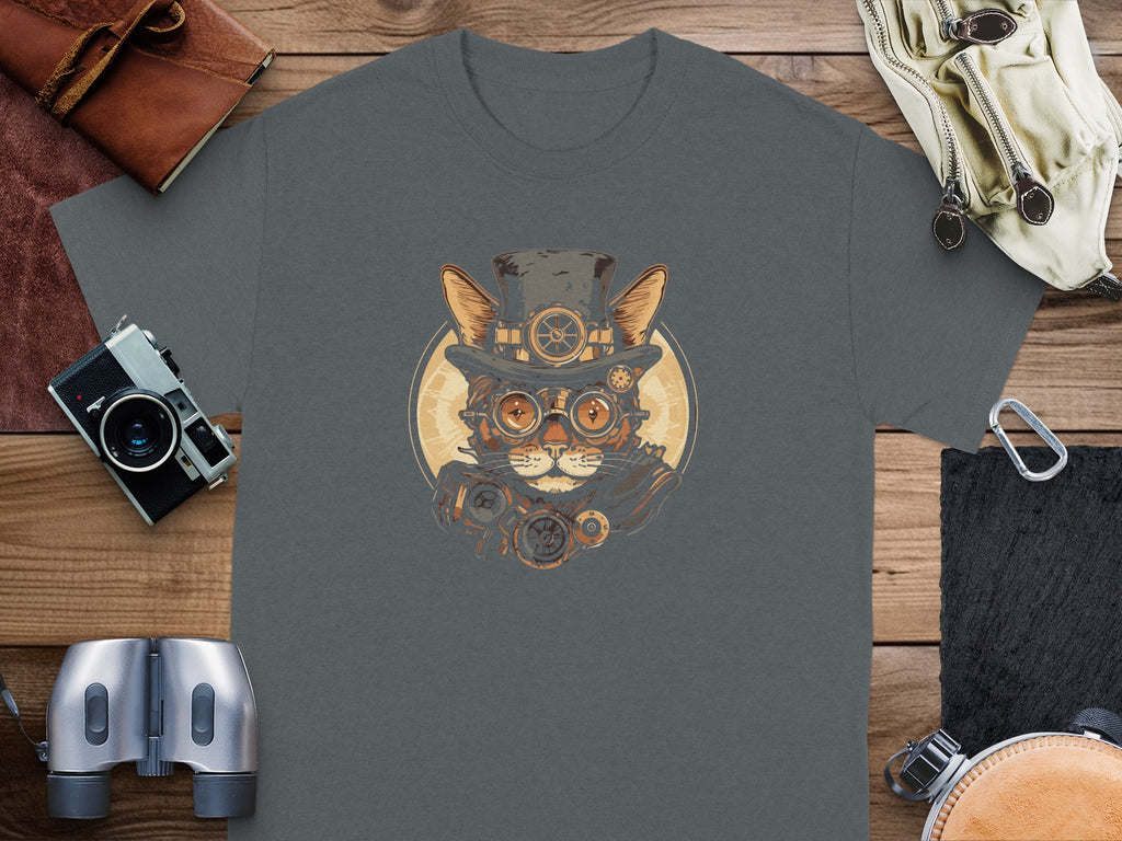 Steampunk cat wearing top hat and goggles graphic on a gray t-shirt.